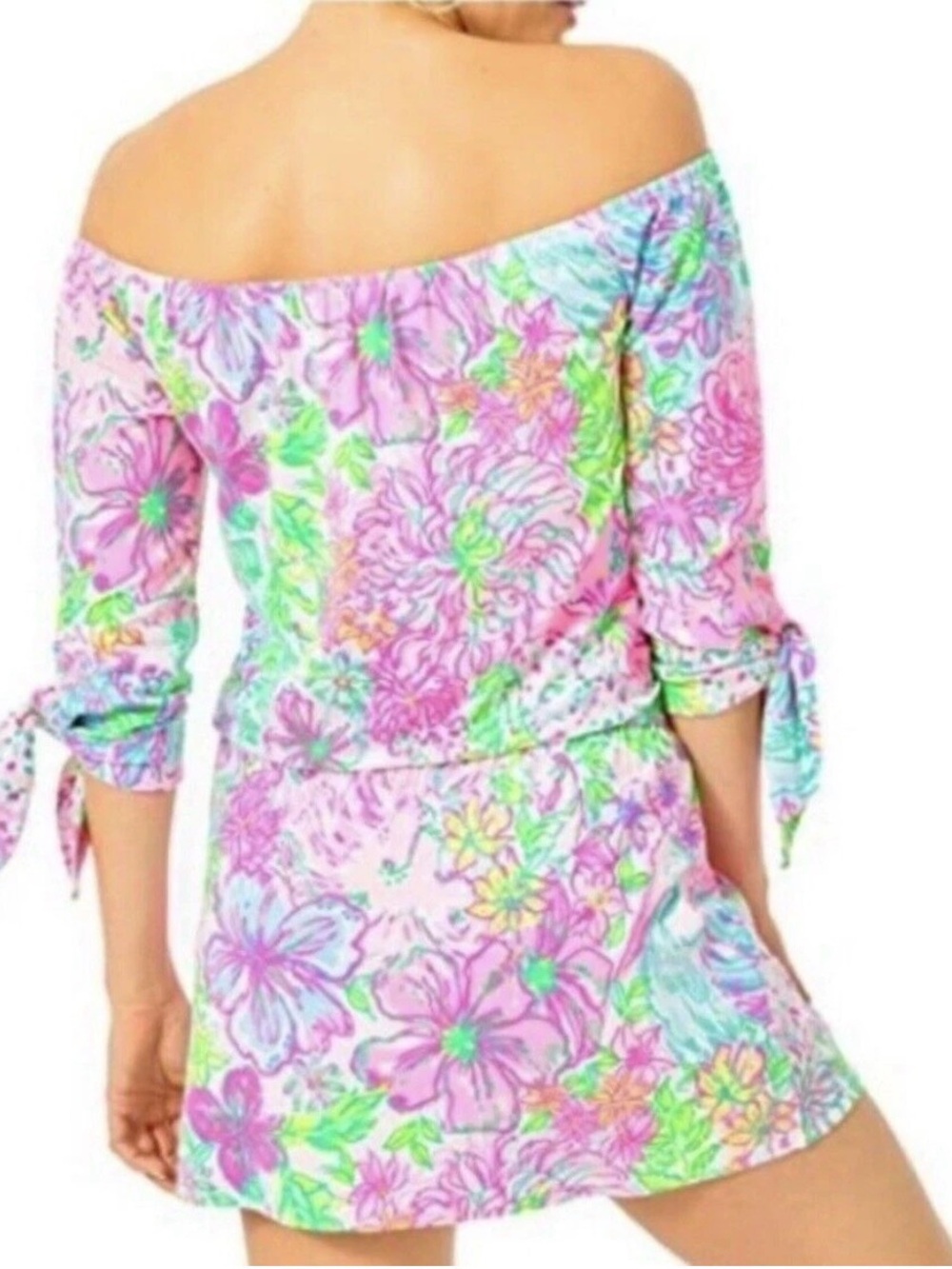 Lilly Pulitzer Lana Skort Romper Paradise Found Off the Shoulder Pink Size Large - Picture 3 of 13